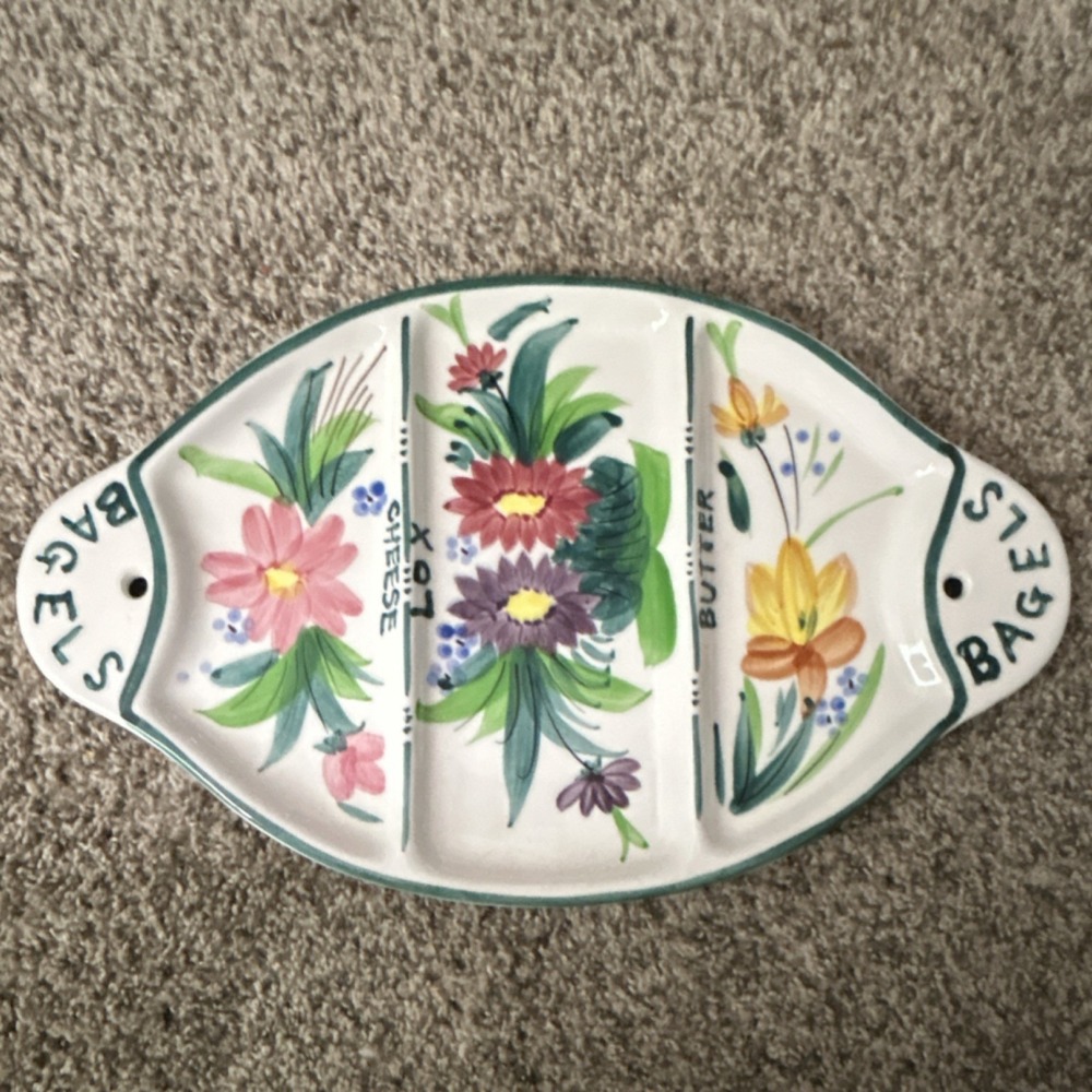 Hand Painted Ceramic Floral Oval Bagel Platter